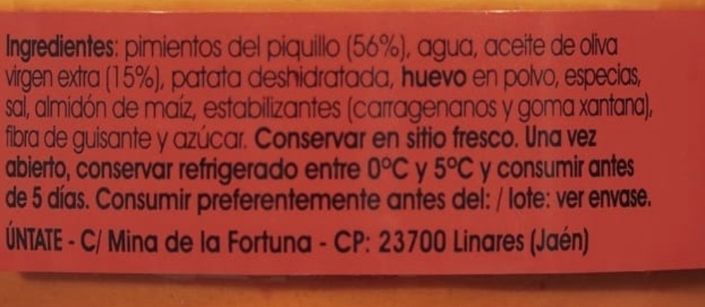 Ingredientes del paté de pimientos del piquillo de Mercadona