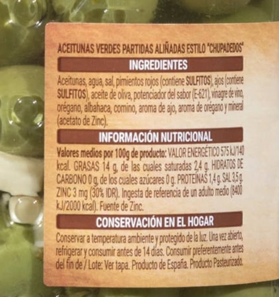 Ingredientes de las aceitunas de Mercadona