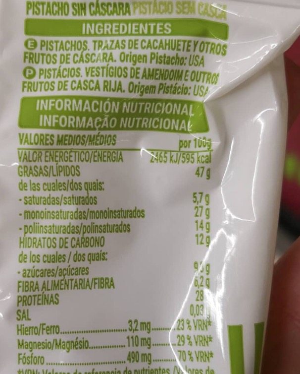 Tabla nutricional de pistachos