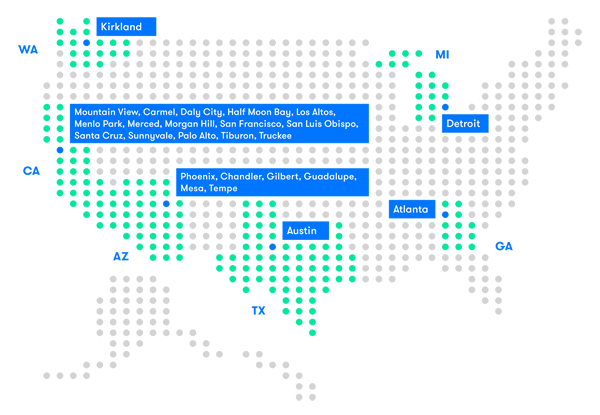 Mapa de los test de Waymo